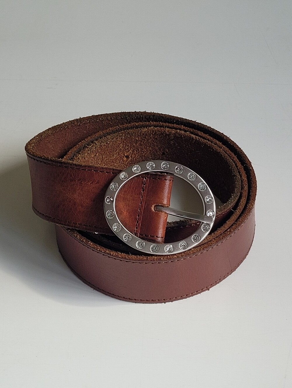 AE Brown Leather Belt with Rhinestone Silver Oval Buckle Womens Large